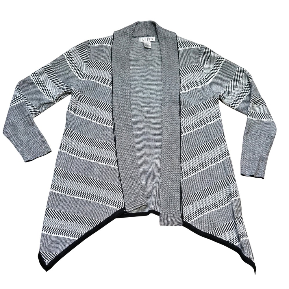 Abito Black White Geometric Striped Open Front Sharkbite Cardigan Sweater S